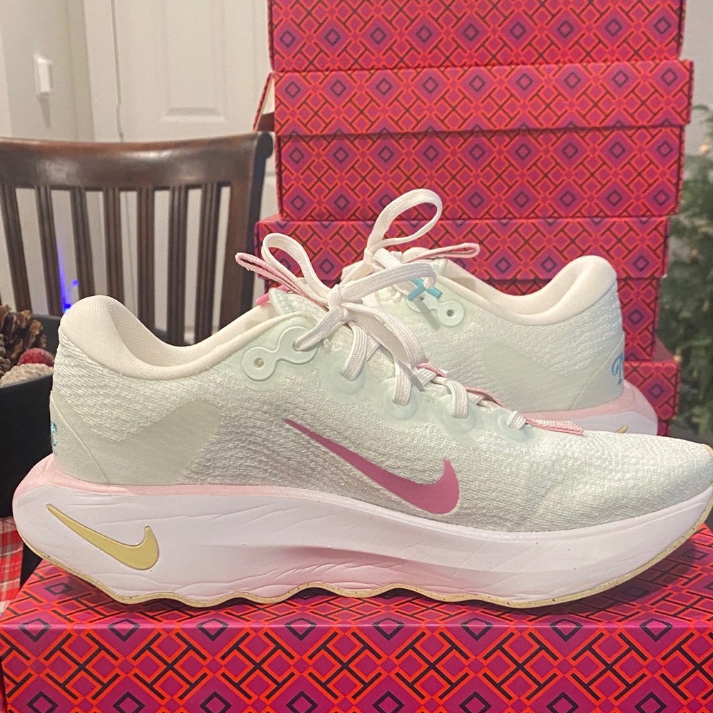 White/Pastel Green and Pink Athletic Sneakers - Picture 6 of 7